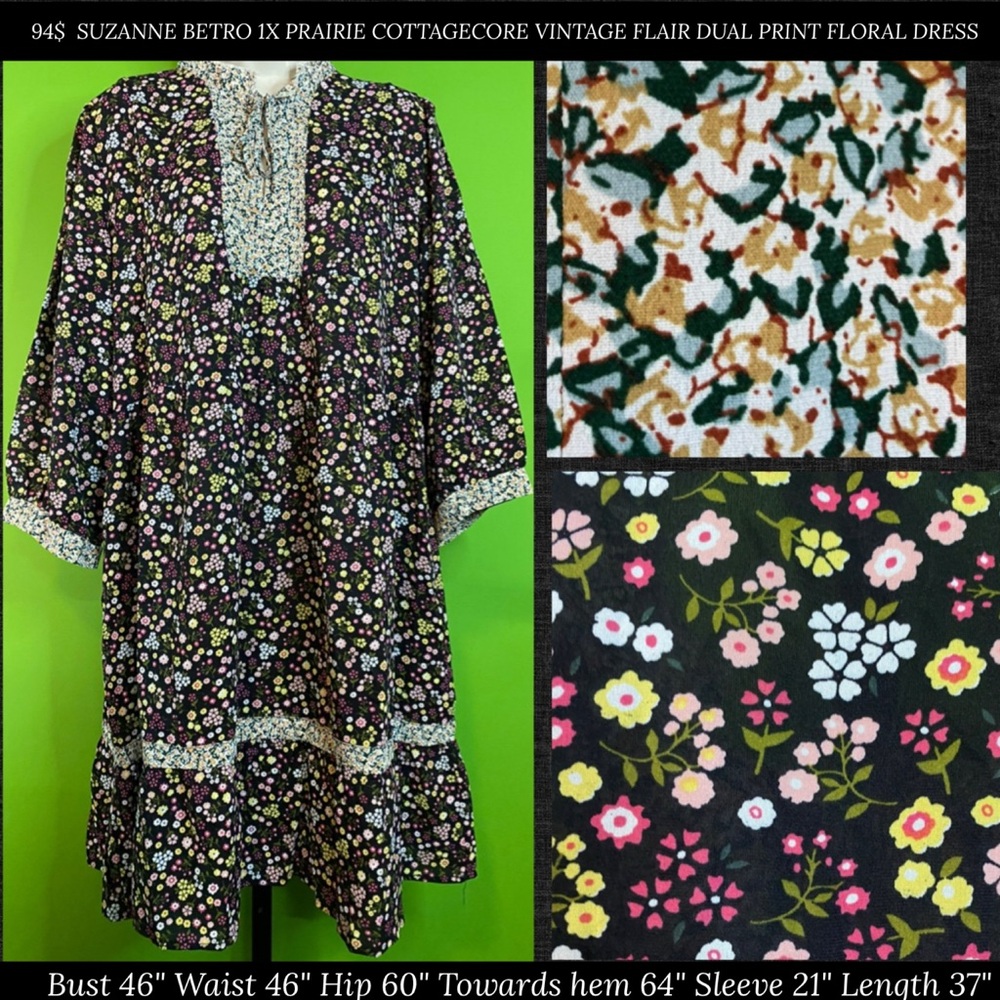 94$  SUZANNE BETRO 1X PRAIRIE COTTAGECORE VINTAGE FLAIR DUAL PRINT FLORAL DRESS